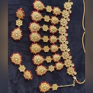 Maroon necklace set with earrings and tikka